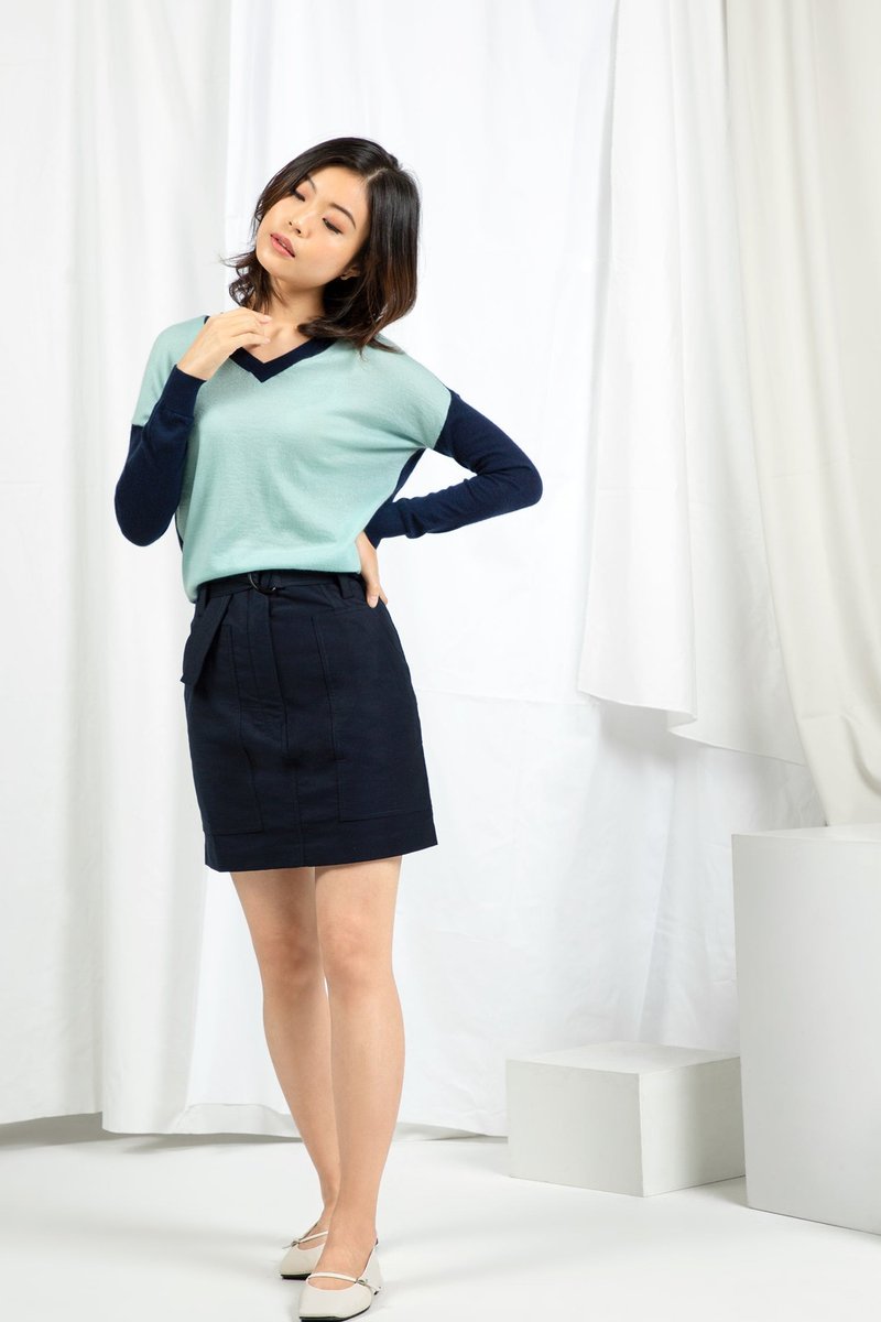 高级羊绒双面拼色毛衣 cashmere - 深蓝浅蓝 香港品牌 环保时尚 - 女装上衣 - 羊毛 蓝色