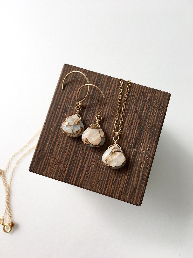 Copper  Calcite Necklace and Hook-earring 14kgf, set-up - 项链 - 石头 金色