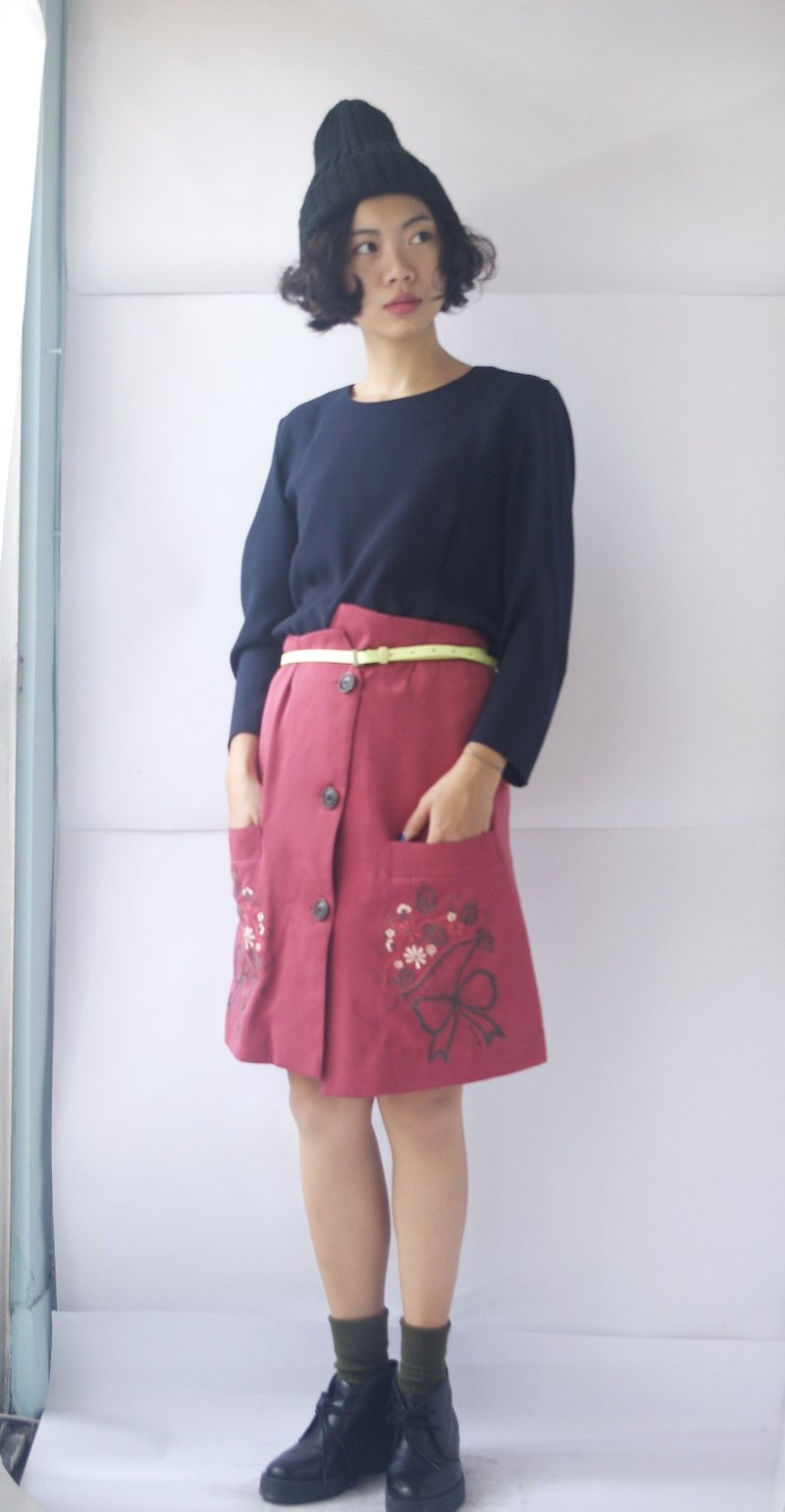4.5studio-[Re;]-resyle改造古着-梅红大口袋刺绣一片窄裙 - 裙子 - 聚酯纤维 粉红色