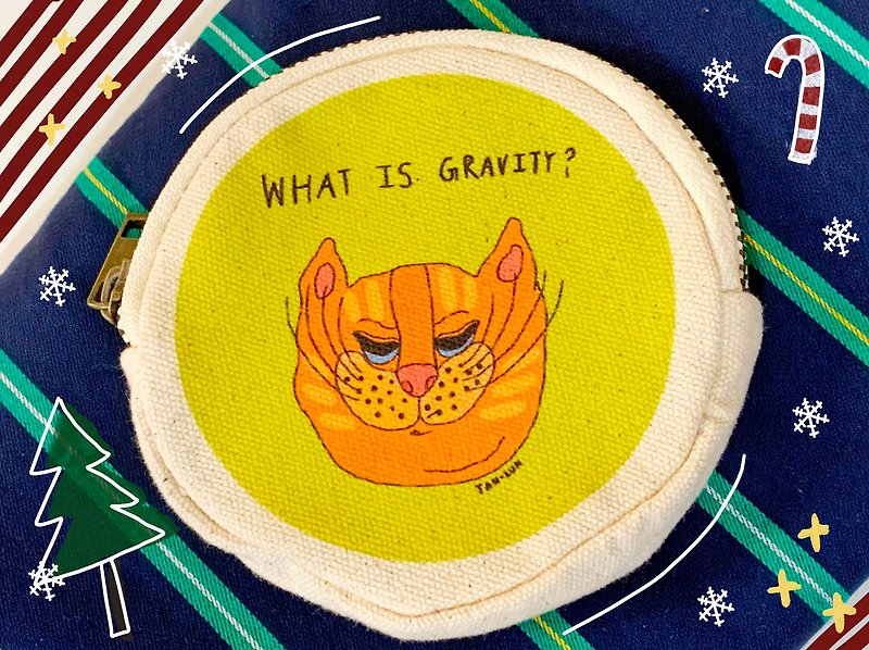 【帆布系列】What Is Gravity 酷猫圆形零钱包 卡片包 - 零钱包 - 棉．麻 绿色