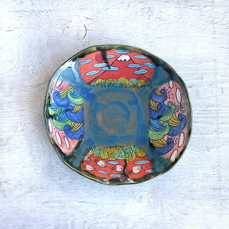 赤富士と波千鳥と波模様の深皿 - 盘子/餐盘/盘架 - 陶 多色