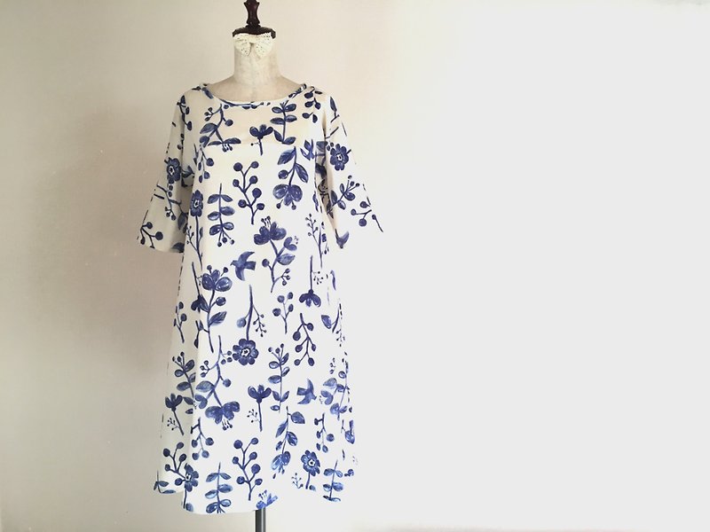 花と鳥　ダブルガーゼのワンピース　スカイブルー - 洋装/连衣裙 - 棉．麻 白色
