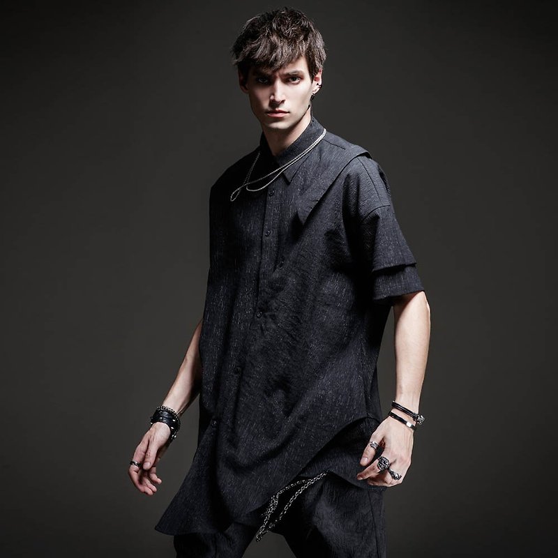 品立裁魂男装暗黑短袖衬衫设计感上衣 - 男装上衣/T 恤 - 聚酯纤维 黑色