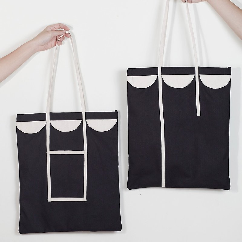 Tote bag semicircle patchwork style black color made from canvas fabric - 手提包/手提袋 - 其他材质 黑色