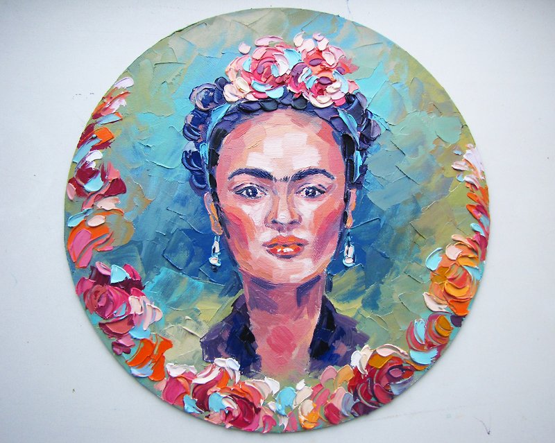 Frida Kahlo Painting Mexican Art Woman Portrait Round Painting Original Oil - 海报/装饰画/版画 - 其他材质 多色
