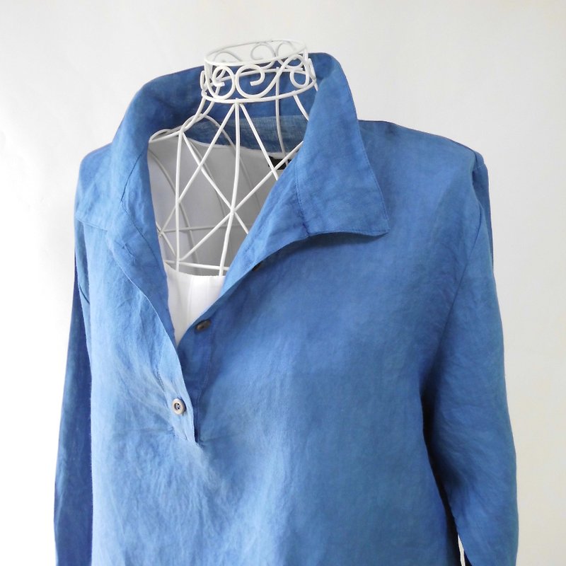 藍染め・リネン・Aライン・チュニック_明るい浅葱色・ゆったり・フリーサイズ - 女装衬衫 - 棉．麻 蓝色