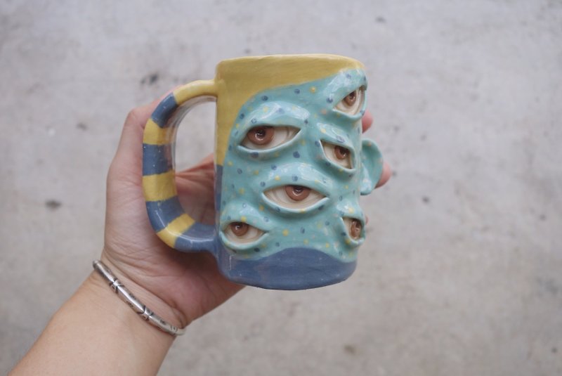 Big Handmade ceramic mug with many eye in blue and yellow :) - 花瓶/陶器 - 陶 多色