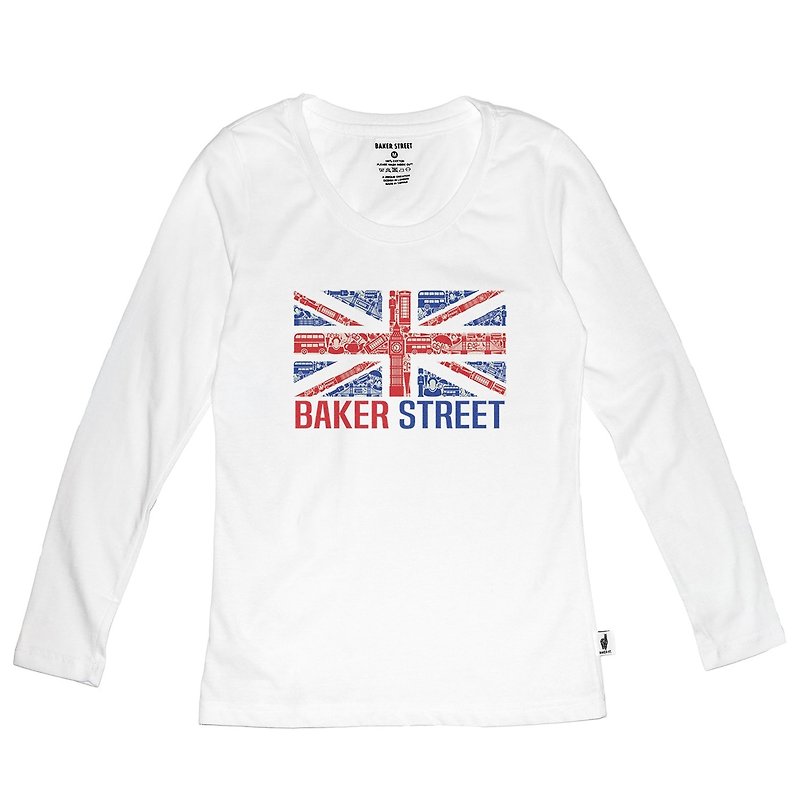 英国潮流品牌【Baker Street 贝克街】女装．纯棉．薄长袖．英国国旗． Union Jack Printed Long Sleeve - 女装上衣 - 棉．麻 白色