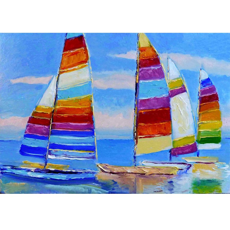 帆船油画、原创壁画、海边风景艺术品、海岸艺术 - 海报/装饰画/版画 - 棉．麻 多色