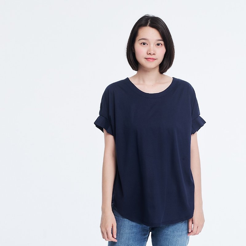 珠光棉車褶袖TEE/深藍 - 女装 T 恤 - 棉．麻 蓝色