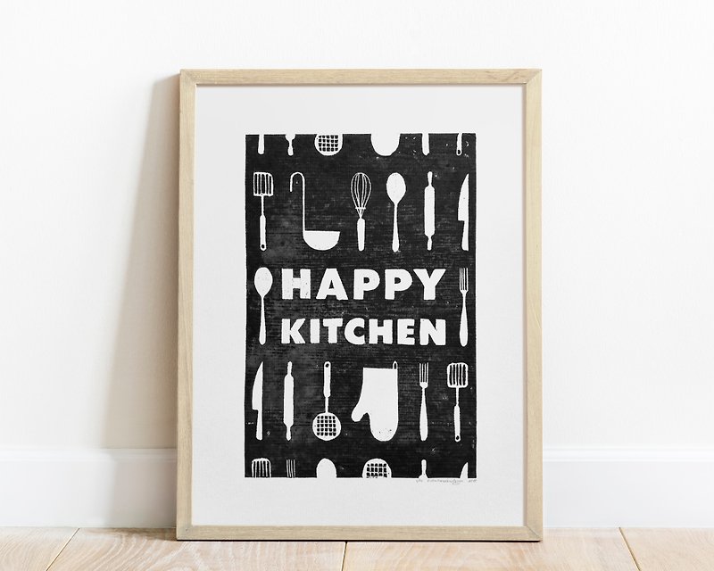 黑色餐具图案快乐厨房标志油毡印刷厨房墙壁艺术装饰 - 海报/装饰画/版画 - 纸 黑色