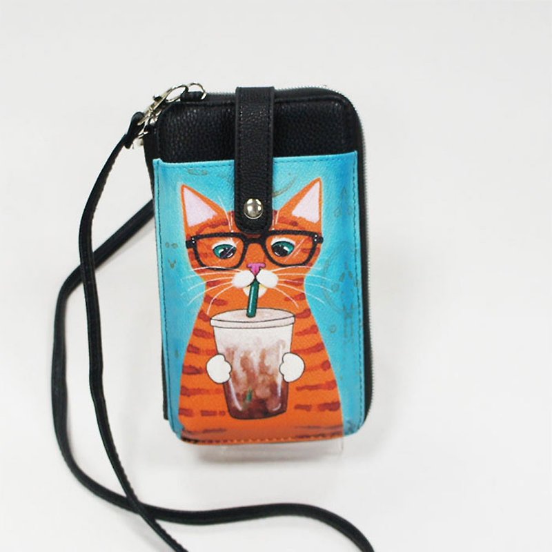 爱喝饮料的猫咪童趣护照手机包/钱包两用斜背包 蓝橘色 - 爱雪莉 - 侧背包/斜挎包 - 人造皮革 黑色