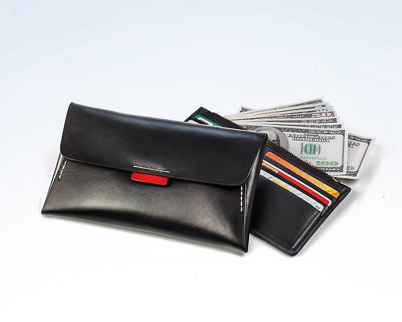 复古钱包 简约长夹 钱夹 手工植鞣牛皮信封包 可拆卸组合式手拿包 - 手拿包 - 真皮 黑色