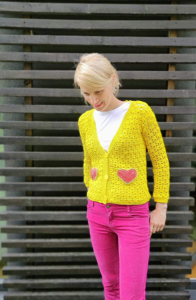 Yellow handmade sweater - 女装针织衫/毛衣 - 环保材料 黄色