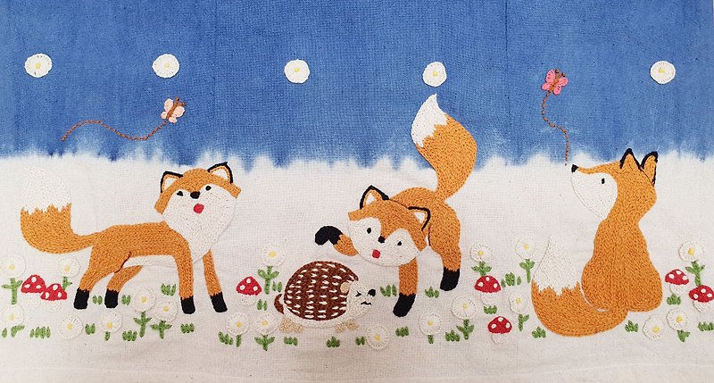 手工刺绣裙子、棉织物、狐狸、蘑菇、雏菊图案 - 裙子 - 绣线 白色