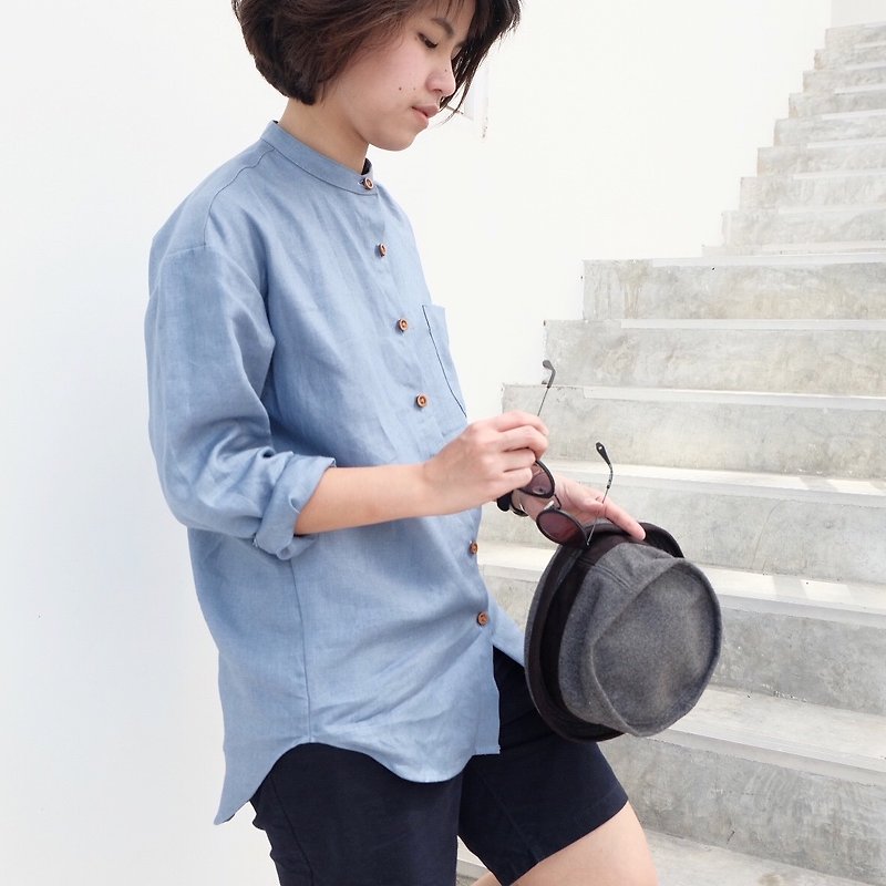 Linen Longsleeves-Mandarin Collar Shirt ( Pin Shirt ) : Sky Color - 女装上衣 - 棉．麻 蓝色