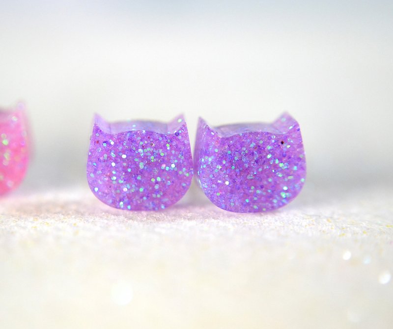 梦幻闪紫 猫猫头 闪粉金粉 耳环/耳夹 B  - 耳环/耳夹 - 不锈钢 紫色
