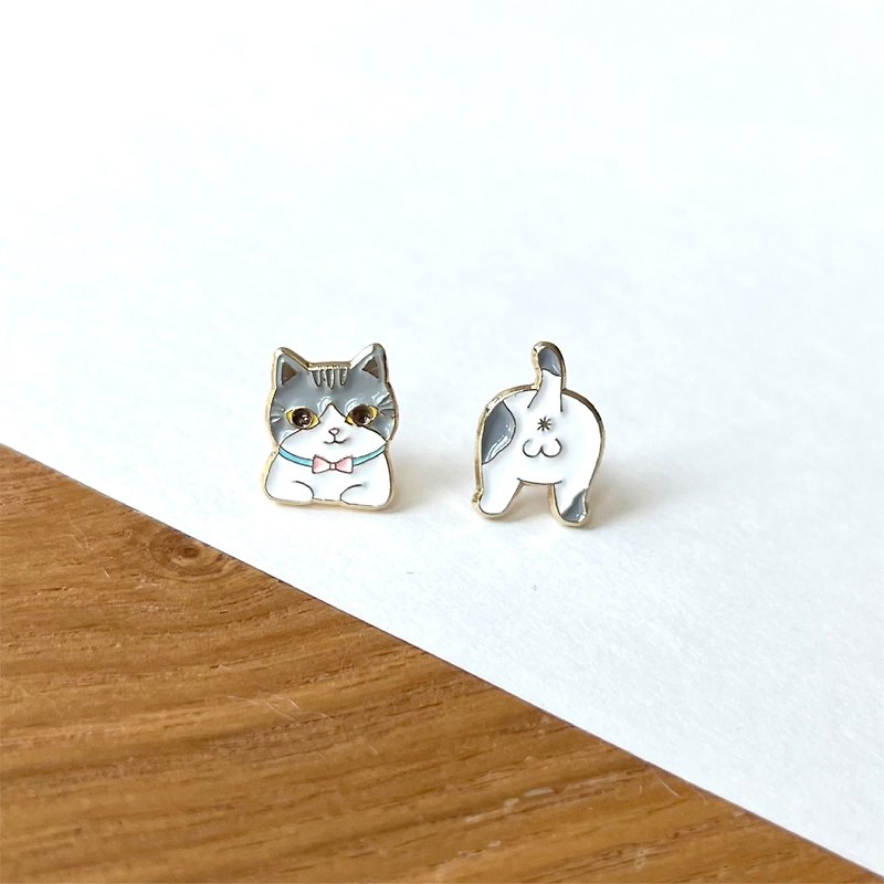 Meow - 灰白色绅士猫折手手和猫屁屁耳环 - 耳环/耳夹 - 珐琅 灰色