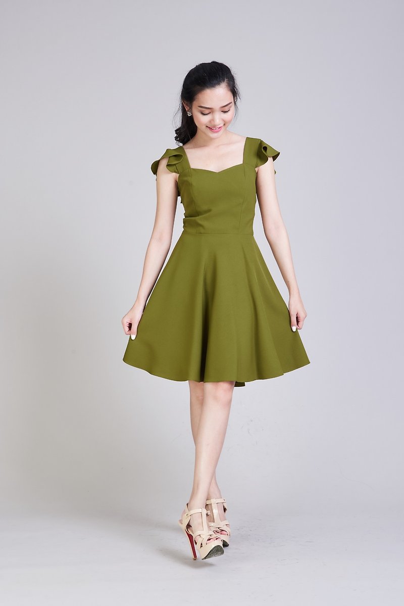 Olive Green Dress Party Dress Summer Dress Sundress Vintage Style Dress Ruffle - 洋装/连衣裙 - 聚酯纤维 绿色