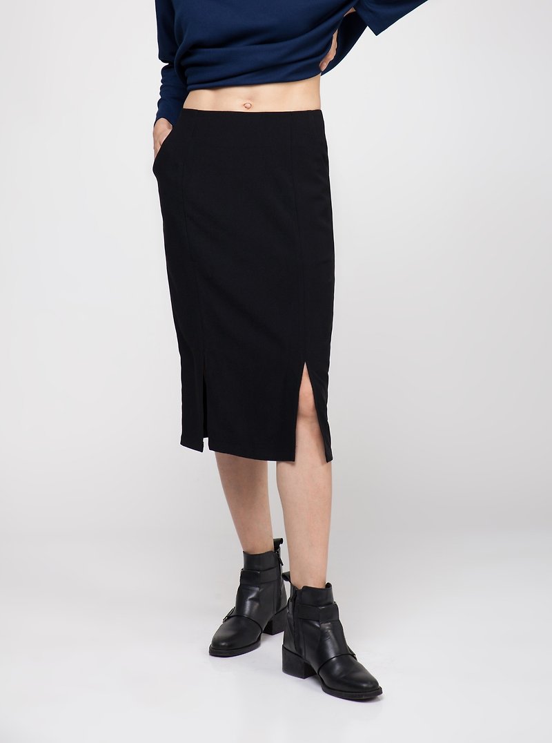 Black Double Slit Midi Skirt - 裙子 - 其他材质 黑色