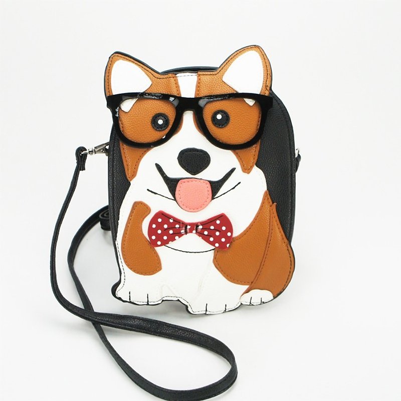 Sleepyville Critters酷乐村 美国设计-戴眼镜与领结的柯基犬童趣斜背动物包 86835UB 现货贩售 - 侧背包/斜挎包 - 真皮 咖啡色