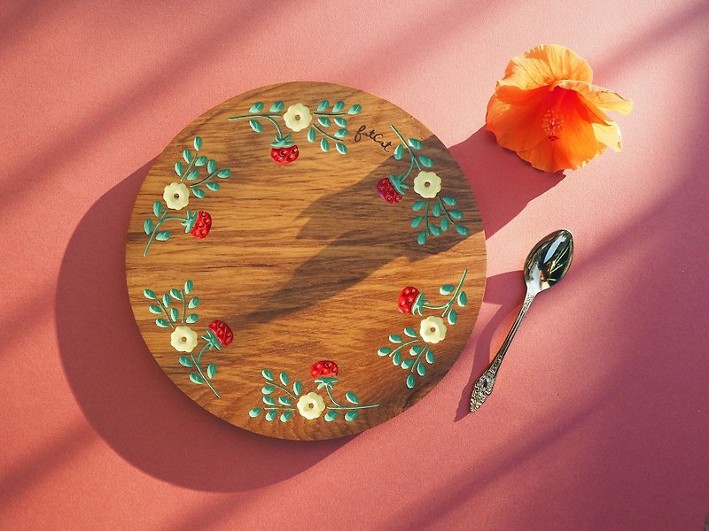 Strawberry Party Teak Plate (Pastel Yellow and Red) - 浅碟/小碟子 - 木头 咖啡色