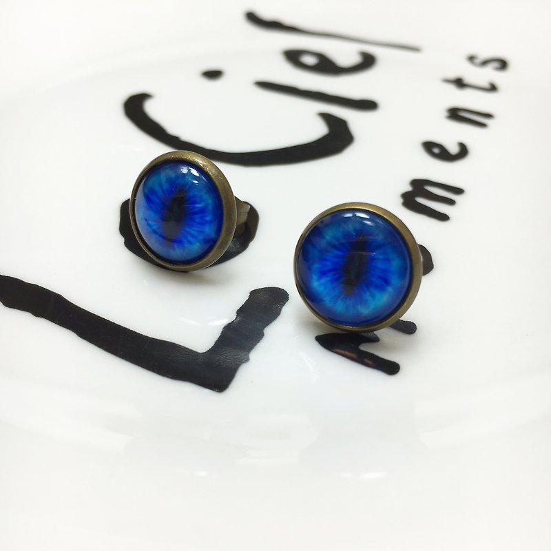 古铜复古耳环—猫瞳印象—宝蓝色猫眼  /另提供改夹式 - 耳环/耳夹 - 其他金属 蓝色