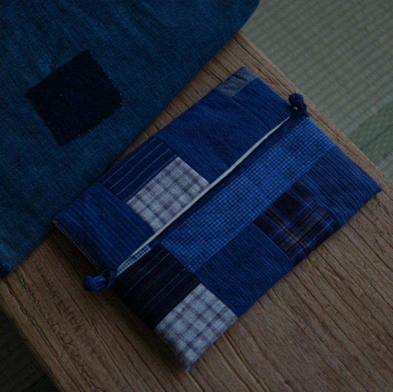 藍色拼布 灰色手織布 藍染夾棉電腦包 蘋果筆電包內膽保護套 - 电脑包 - 棉．麻 蓝色
