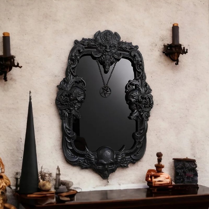 恶魔镜子、木雕壁镜、女巫祭坛瓷砖 - 墙贴/壁贴 - 木头 黑色