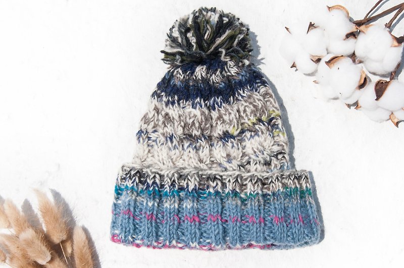 手工编织纯羊毛帽/编织帽/针织毛帽/内刷毛手织毛帽-北欧蓝莓蛋糕 - 帽子 - 羊毛 多色