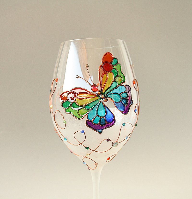 Butterfly Wine Glass Hand Painted - 酒杯/酒器 - 玻璃 多色