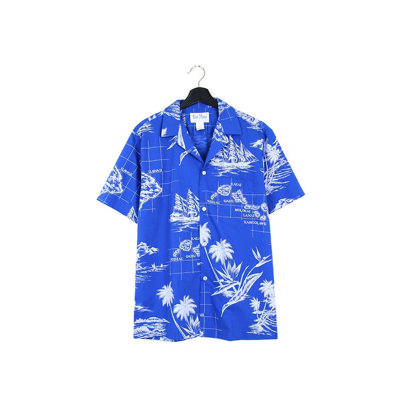 Back to Green:: 航道方向 //男女皆可穿// vintage Hawaii Shirts (H-27) - 男装衬衫 - 棉．麻 蓝色