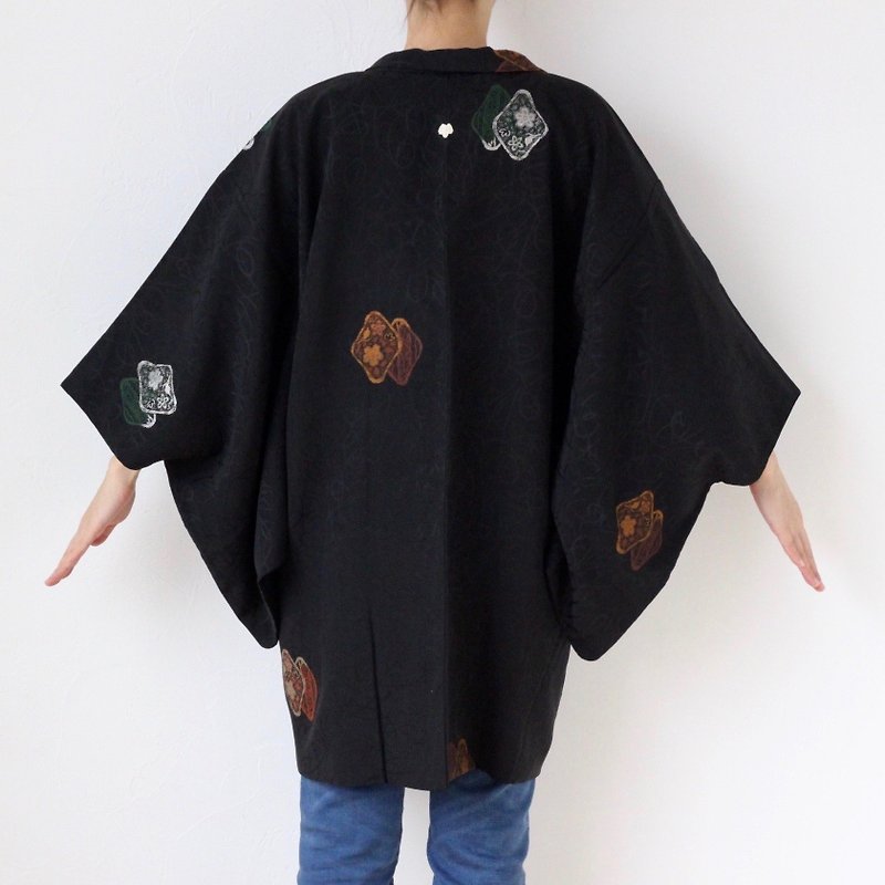 floral kimono, Japanese silk kimono, black kimono, kimono outfit /3659 - 女装休闲/机能外套 - 丝．绢 黑色