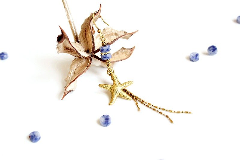 【UNA-优娜手作】夏季流星 - 铜耳挂式 黄铜 定制化 天然宝石 - 耳环/耳夹 - 其他金属 金色