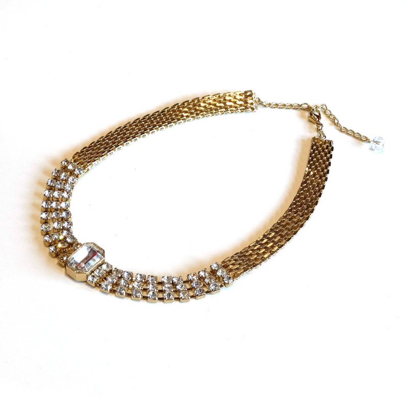 80s Vintage clear rhinestones gold choker necklace - 项链 - 其他金属 金色