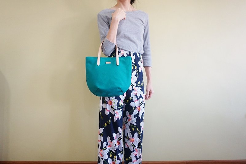 Turquoise Petite Canvas Tote Bag with Leather Strap for her - Weekend Casual Bag - 手提包/手提袋 - 棉．麻 蓝色