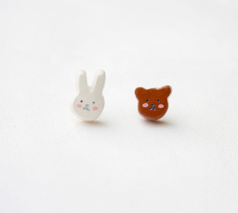 兔子 熊熊 不对称  耳环 / 动物 / 手绘 - 耳环/耳夹 - 粘土 咖啡色