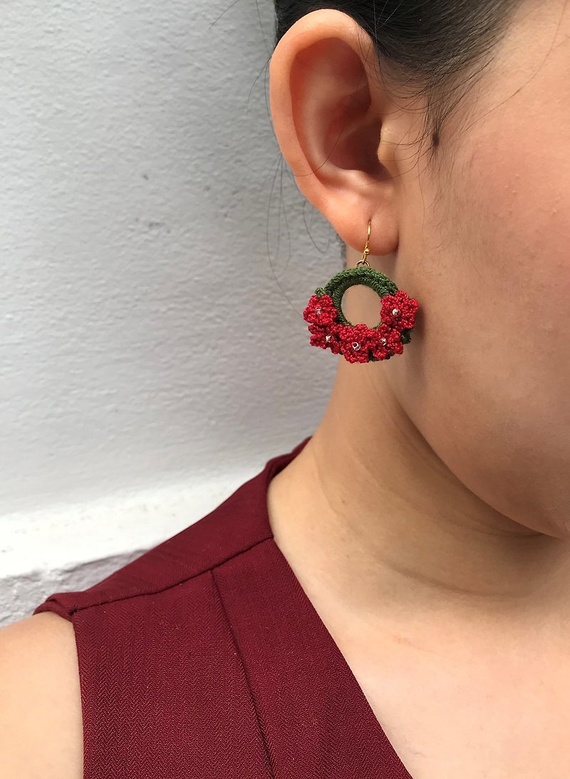耳環/耳夾 Christmas -Xmas Mistletoe Wreath - 耳环/耳夹 - 贵金属 红色