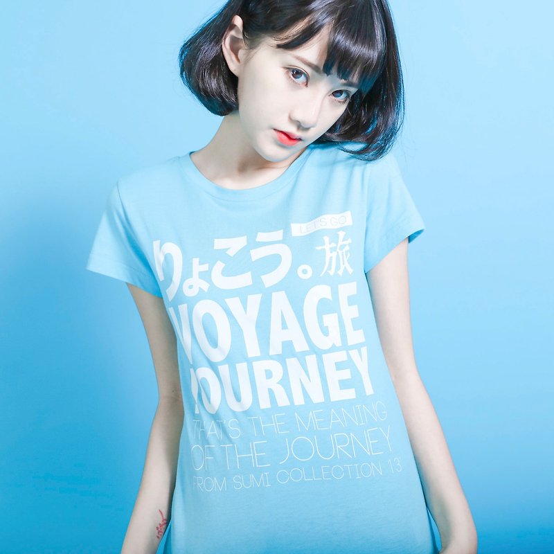Travel 旅行语言T-shirt_合身版_6SF008_天空蓝/白 - 女装 T 恤 - 棉．麻 蓝色
