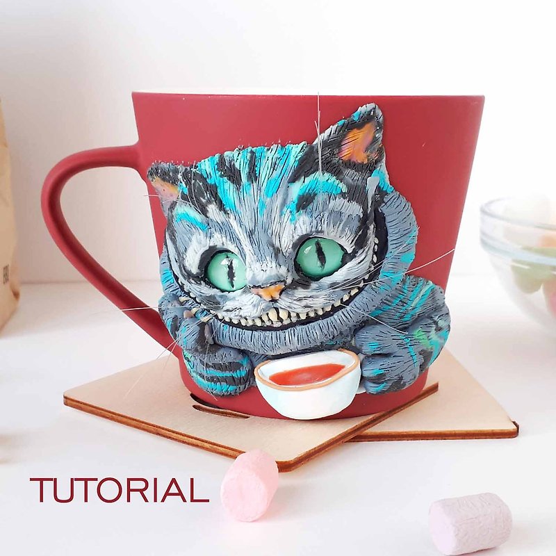 Polymer clay tutorial cat, Coffee cup with animal decor, DIY clay holiday gifts - 其他 - 陶 