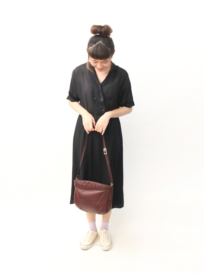 日本制复古简约黑色短袖落肩古着洋装 Japanese Vintage Dress - 洋装/连衣裙 - 聚酯纤维 黑色