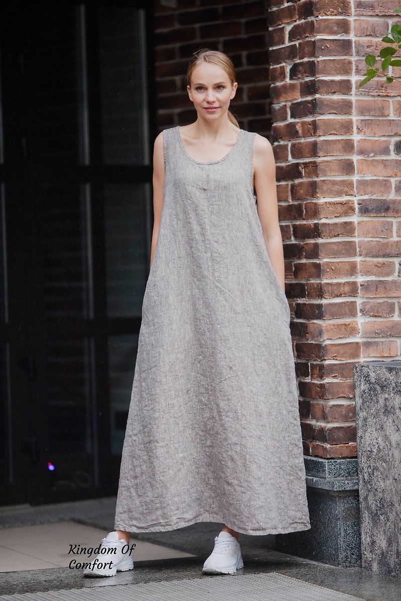 Long Linen Dress Oversized Loose Relaxed fit Linen Dress Organic Stonewshed - 洋装/连衣裙 - 亚麻 多色