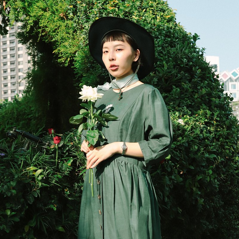 巴伐利亚洋装012,绿色 五分袖 连身裙【Tsubasa.Y古着屋】 - 洋装/连衣裙 - 棉．麻 绿色