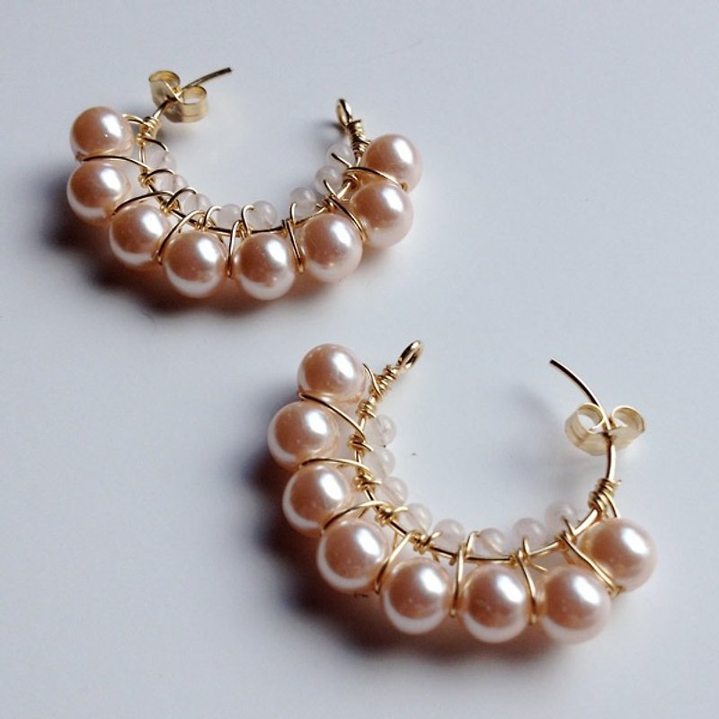 14 kgf rose quartz + vintage pearl 3/4 hoop earrings耳針 - 耳环/耳夹 - 宝石 粉红色