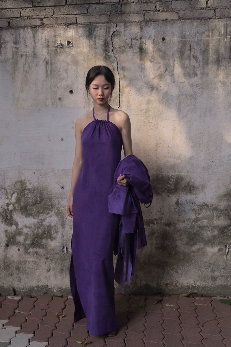 手工染色 紫色毛边蝴蝶结连身裙 - 洋装/连衣裙 - 其他材质 紫色