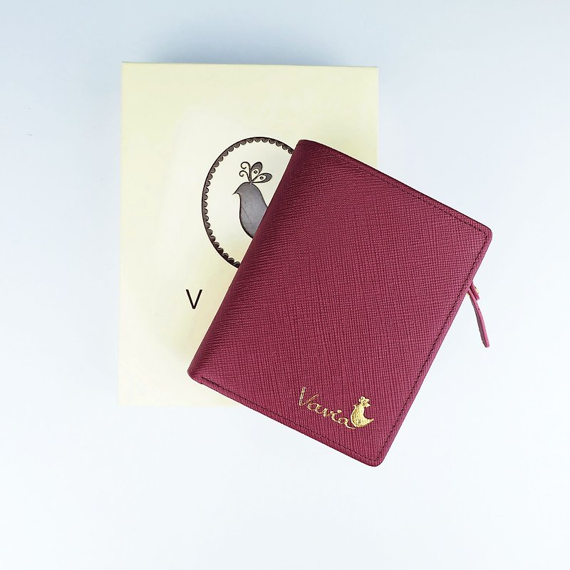" Burgundy Red " Pocket Book Short Wallet / Cow Leather - 皮夹/钱包 - 真皮 红色