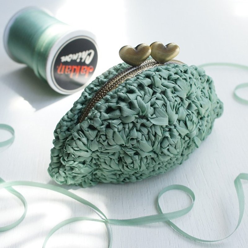 Ba-ba handmade☆ribbon yarn crochet coinpurse (No.C921） - 化妆包/杂物包 - 其他材质 绿色