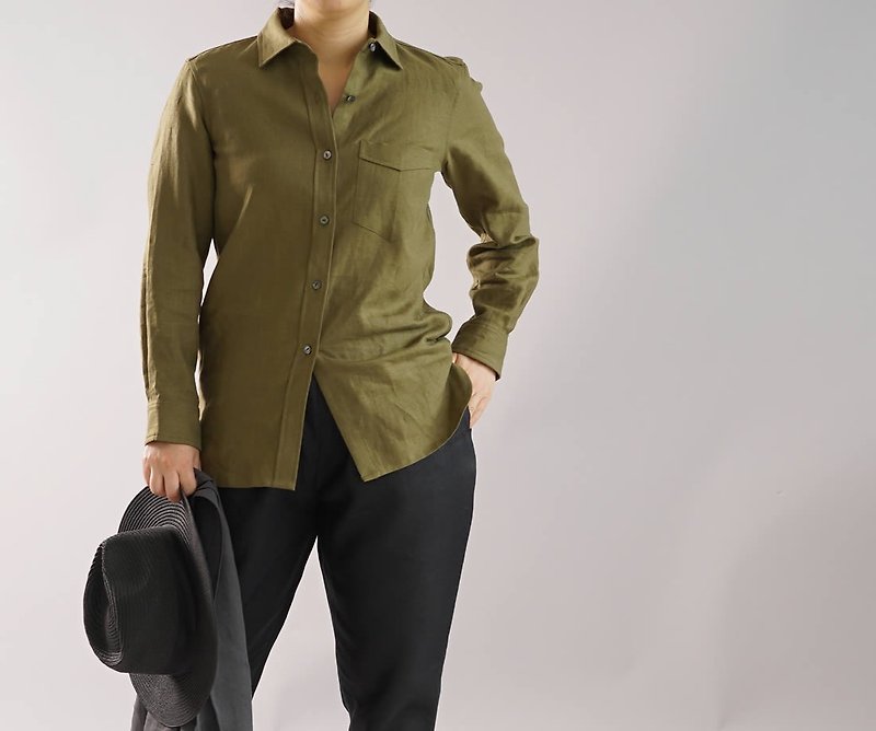 【wafu+】本格 premium リネンシャツ カッタウェイ 長袖 オールシーズン 麻シャツ トップス リネン/オリーブ【M-Lサイズ】t032a-olv2 - 女装衬衫 - 棉．麻 绿色