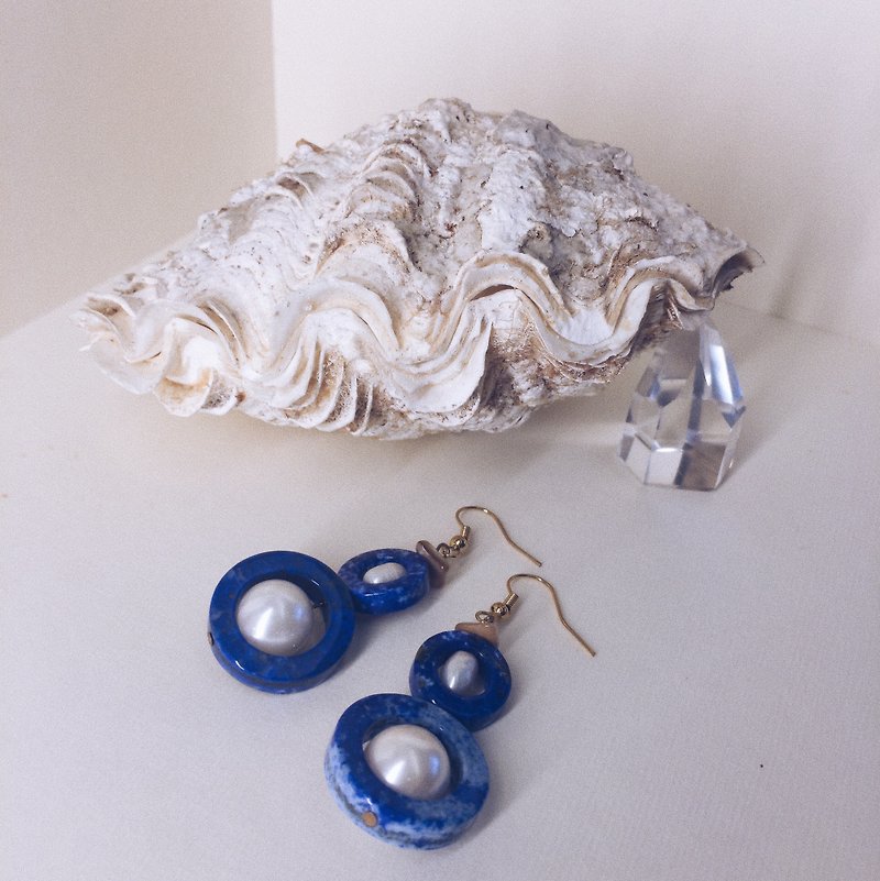 靛青双珍珠 大耳环 - 耳环/耳夹 - 宝石 蓝色