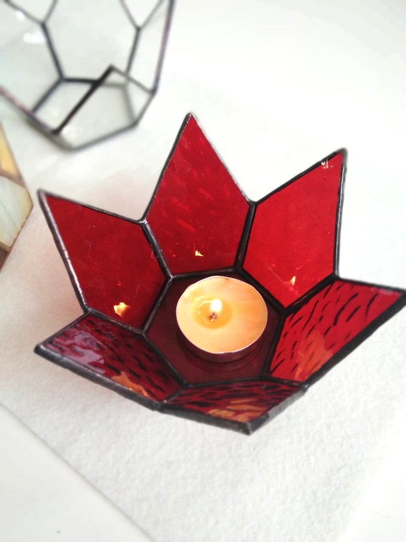 Fall wedding decor unique red glass candle holder -red stain glass candle holder - 蜡烛/烛台 - 玻璃 红色